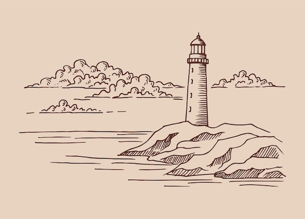 Vettore illustrazione disegnata a mano del faro convertita in vettore illustrazione dello schizzo del paesaggio grafico della costa del mare