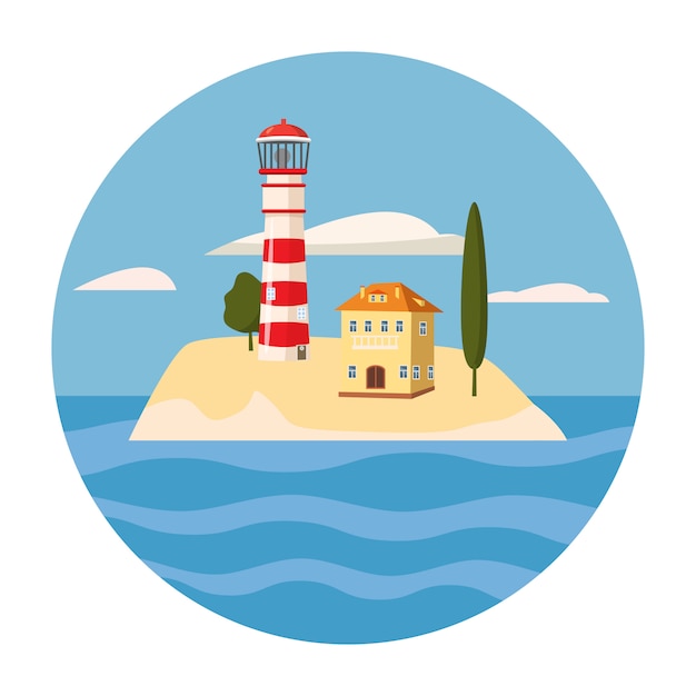 Lighthouse, house, sea, ocean, cartoon style, card