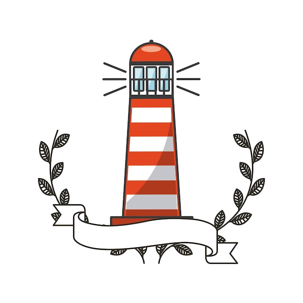 Vector lighthouse icon with decorative wreath of leaves and ribbon