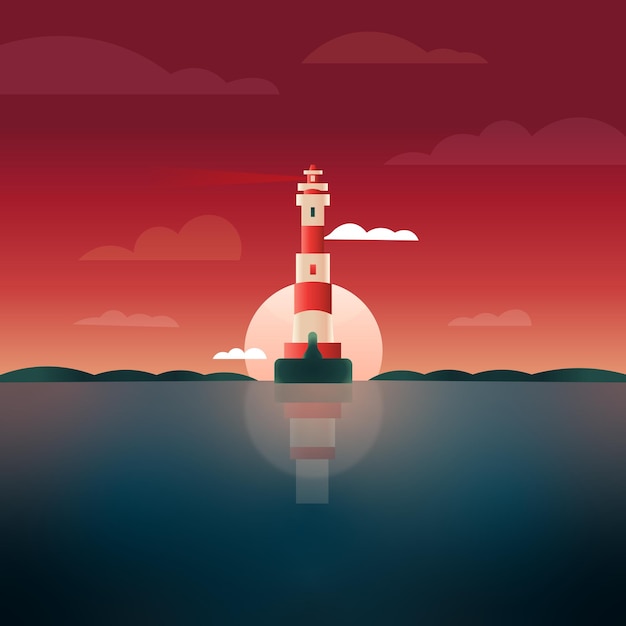 Vector lighthouse illustration with background of sea water