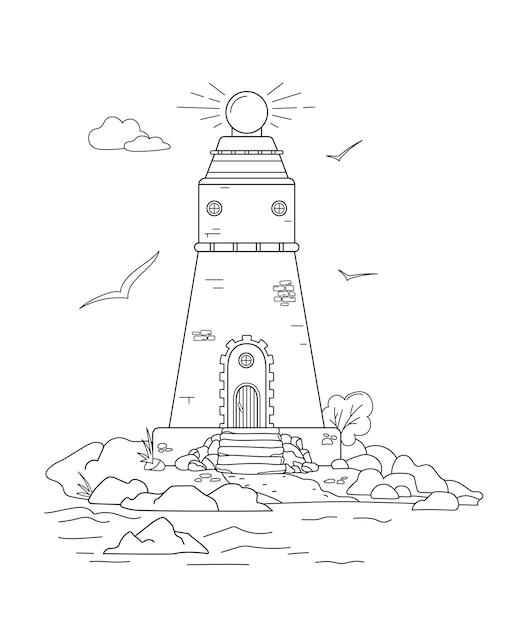 Lighthouse on the island. Contour picture for coloring.