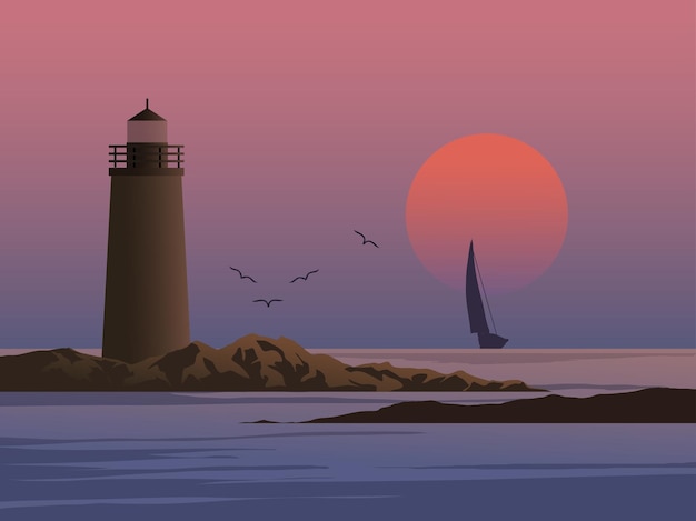 Lighthouse island on sunset with sailing boat and birds