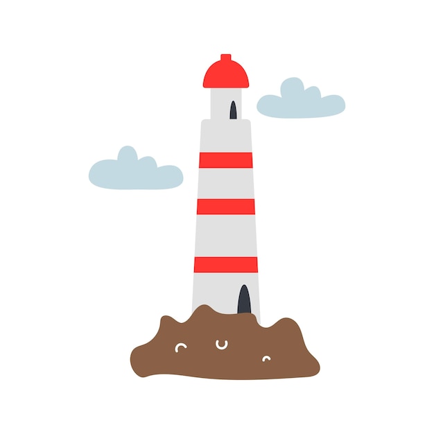 Lighthouse on an island with clouds on white background Vector illustration in flat style