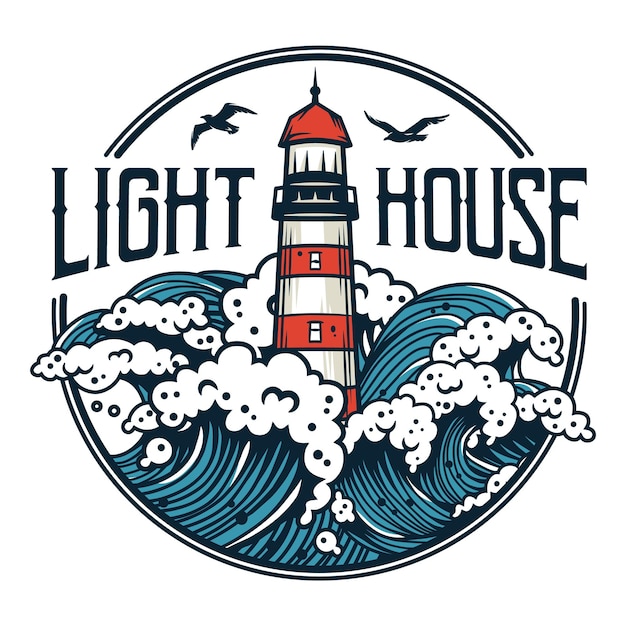 Vector lighthouse at marine wave sea beacon for print