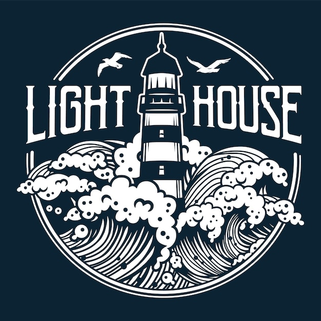 Vector lighthouse at marine wave sea beacon for print