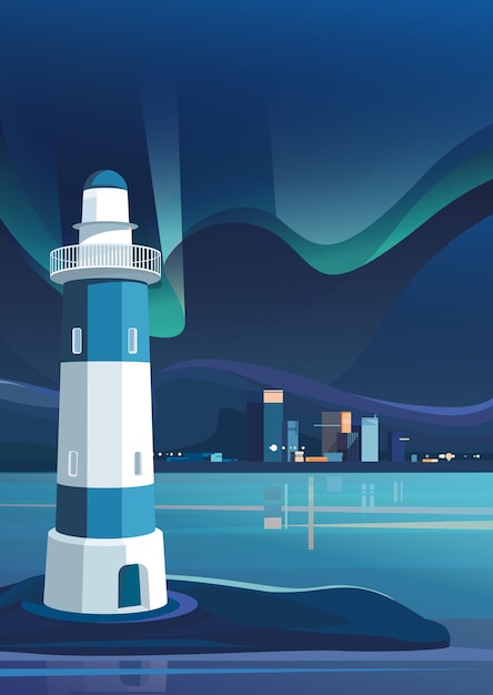 Vector lighthouse and night city. cityscape with aurora borealis in vertical orientation.