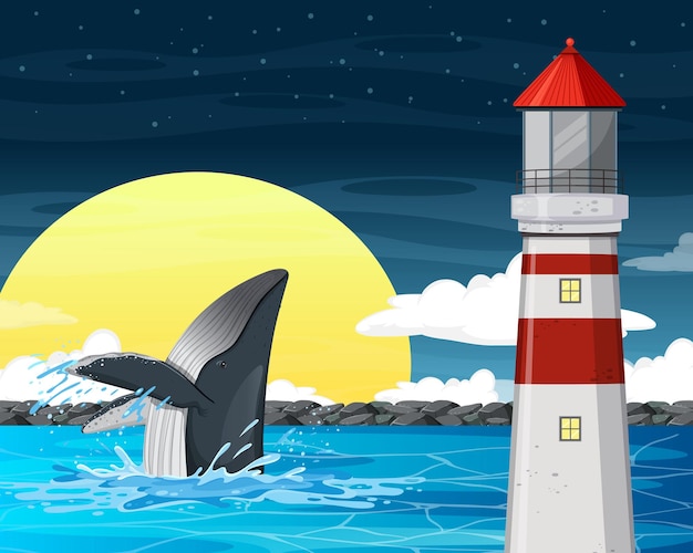 Vector lighthouse at night scene