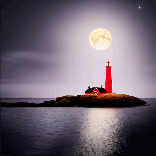 Vector lighthouse at night sea lighthouse with moon on rocky coast cartoon navigation white with red tower