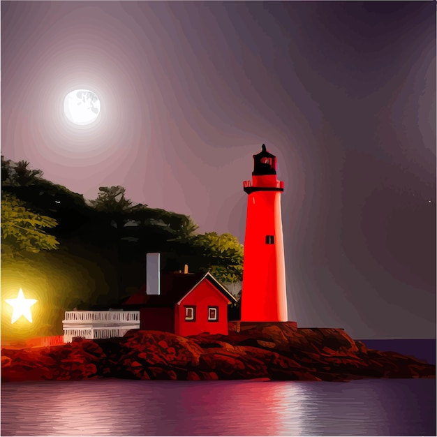 Vector lighthouse at night sea lighthouse with moon on rocky coast cartoon navigation white with red tower