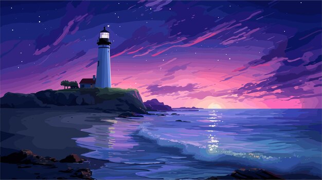 Vector lighthouse at night