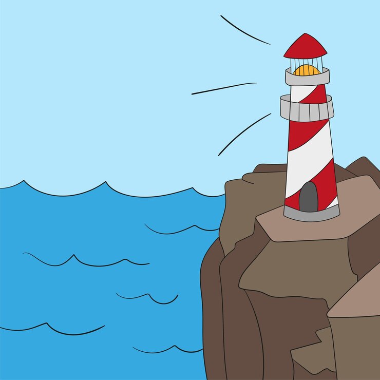 वेक्टर lighthouse on ocean or sea beach cartoon background vector illustration. lighthouse on coast of sea, structure of lighthouse on shore