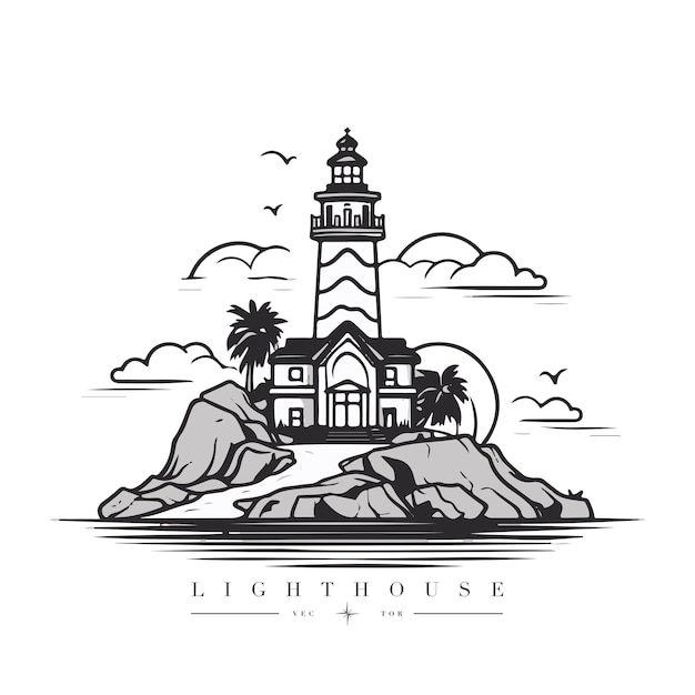 小さな岩の多い島の海の灯台ベクトルのロゴのエンブレム灯台タワーのマスコット