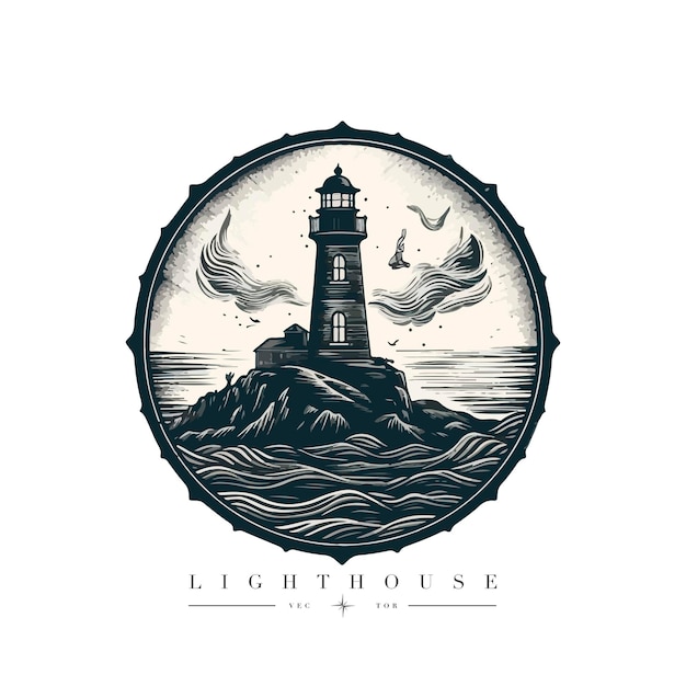 Vector lighthouse in the ocean on the small rocky island vector logo emblem lighthouse tower mascot