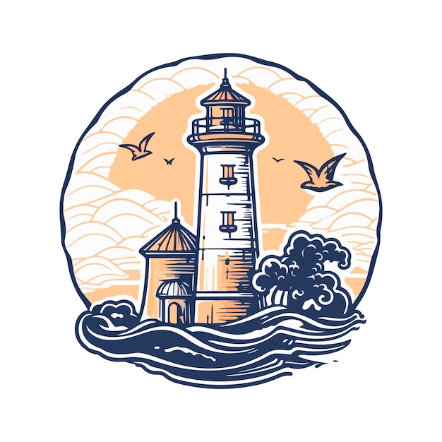 Lighthouse in the ocean on the small rocky island vector logo emblem lighthouse tower mascot