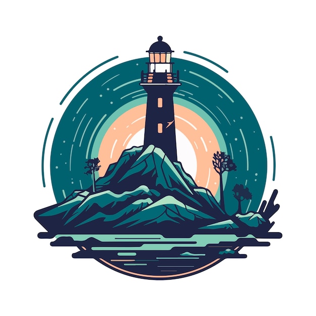 Маяк в океане на маленьком скалистом острове, векторный логотип эмблемы. Талисман башни маяка.