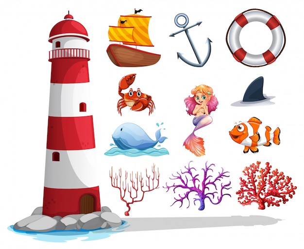 Иллюстрация маяка и других объектов океана