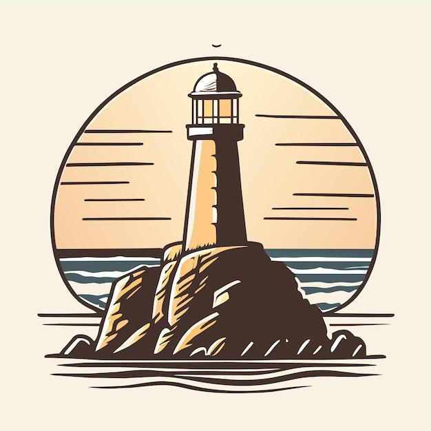 Vector lighthouse on rock cliff on sea shore at sunset