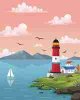 Vector lighthouse on rock stones island landscape mercusuar tower illustration in flat style