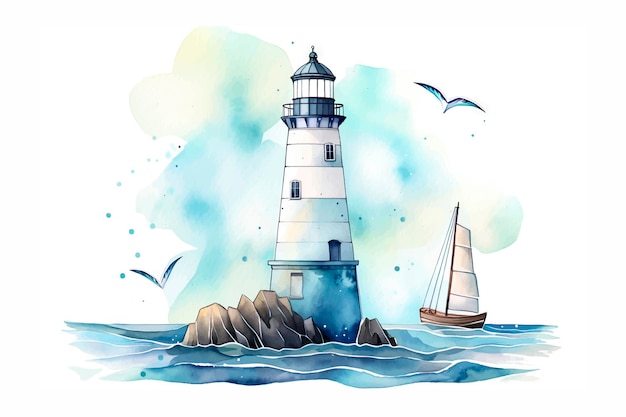 Lighthouse and a sailboat on the watercolor background