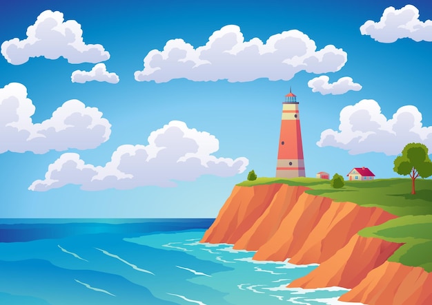 Vector lighthouse sea landscape nautical navigation tower on rocky coast under cloudy sky ocean beach with beacon and building on cliff vector colored flat cartoon illustration of seascape