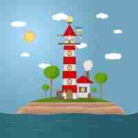 Vector lighthouse sea landscape nautical navigation tower on rocky coast under cloudy sky with trres ocean beach with beacon and building on cliff vector colored flat cartoon illustration of seascape