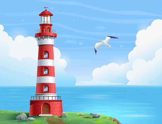 Vector lighthouse at sea on a sunny day. a lighthouse stands on a rock