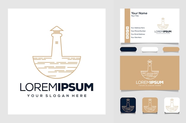 lighthouse searchlight beacon tower island and sea  simple line art style logo design