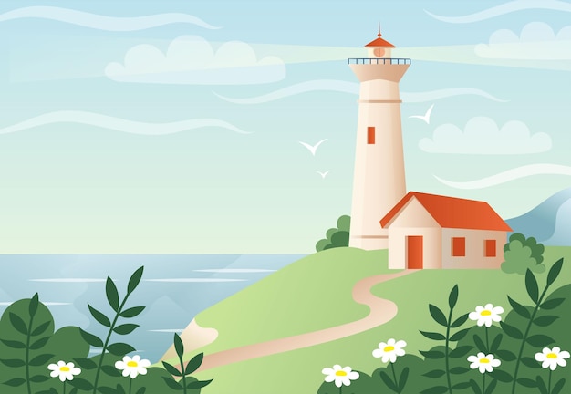 Маяк на плоской векторной иллюстрации на берегу моря. Остров Фарос, маяк, морской пейзаж.