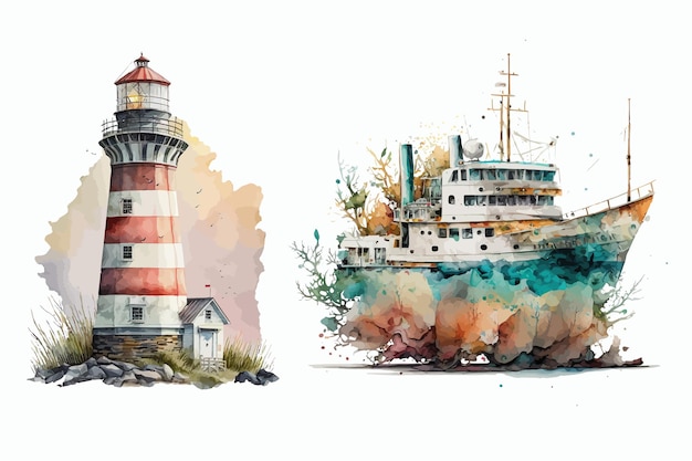 Lighthouse and ship in 3d style Isolated vector illustration