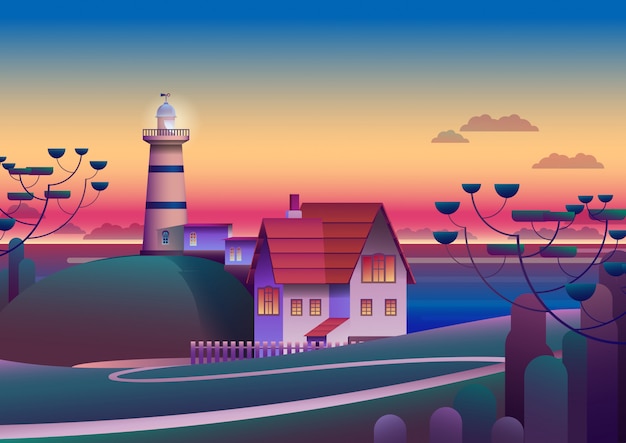 Vector lighthouse on shore with evening sea on background