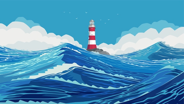 Vector lighthouse on a stone bank in a harsh ocean. wavy and beautiful sea. the pacific ocean is raging. large and strong blue waves. raging ocean waves in the blue sea.