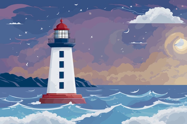 Vector lighthouse storm sea illustration