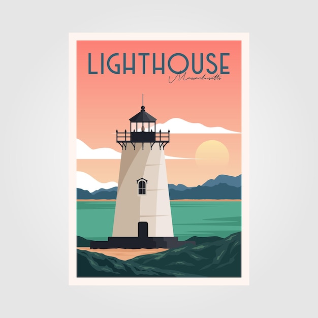 矢量灯塔日落视图复古海报背景插图设计,复古海洋公园海报设计
