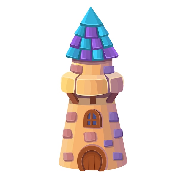 Vector lighthouse tower with round wooden door and tiled roof in cartoon style