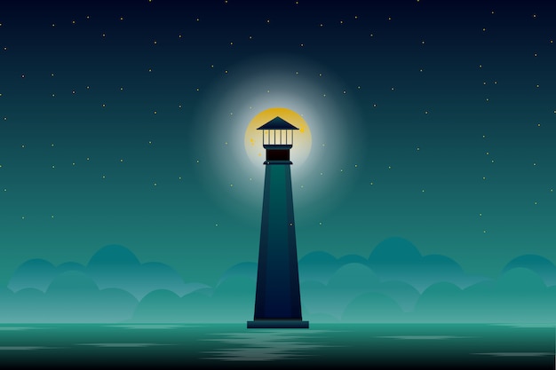 Vector lighthouse with full moon and night sky