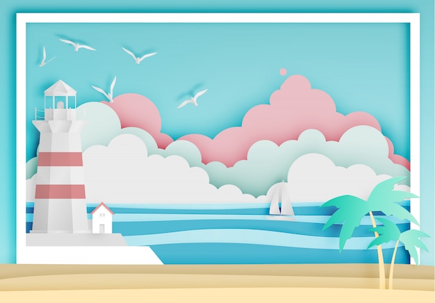 海背景フレーム紙アートスタイルのベクトル図と灯台