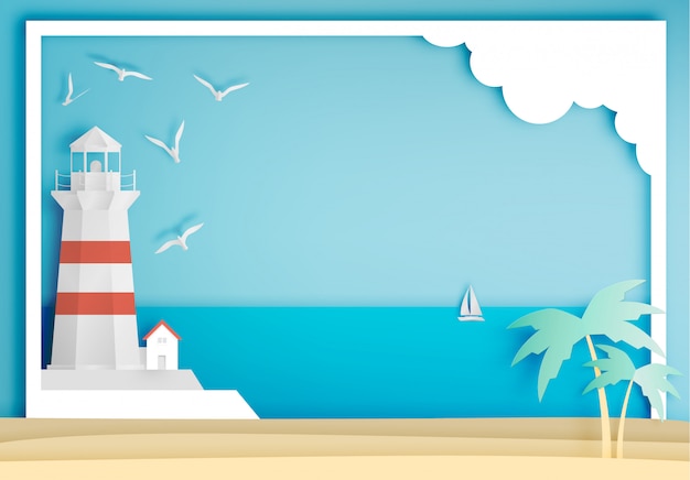 Vector lighthouse with ocean background frame paper art style