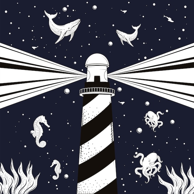 Lighthouse with sealife surreal