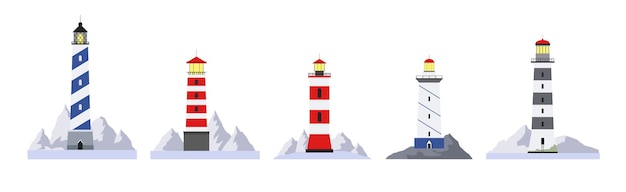 Lighthouses card Vector illustration of cartoon flat lighthouses Lighthouse beacon marine seaside