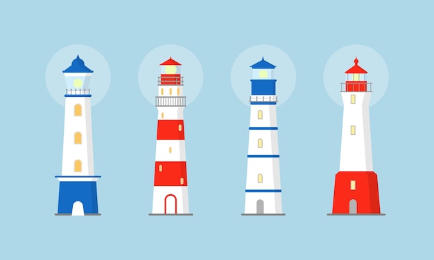 Vector lighthouses collection cartoon nautical navigation light tower lighthouse beacon and light house symbol marine seaside architecture flat style vector set of lighthouse nautical to navigation