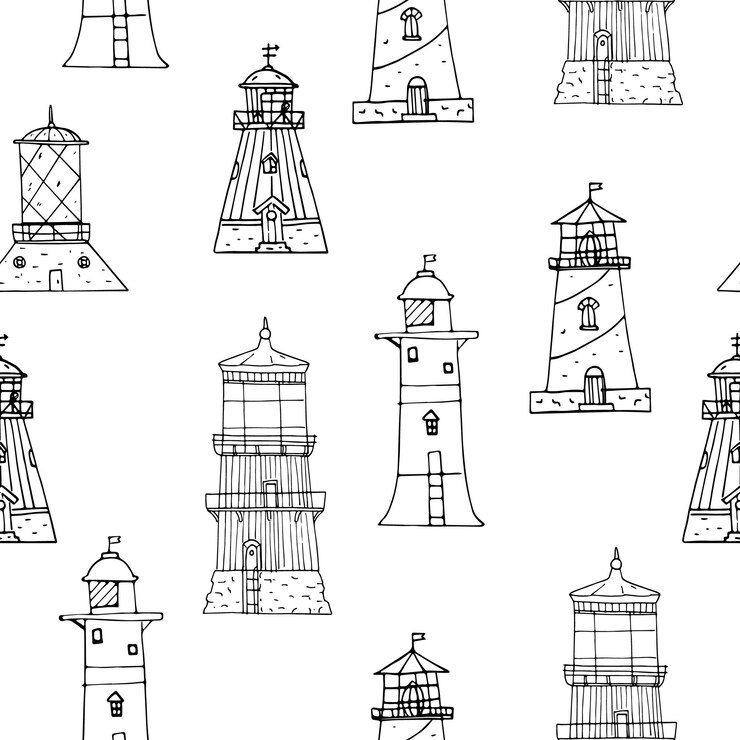 Vector lighthouses hand drawn ink sketch vector seamless pattern