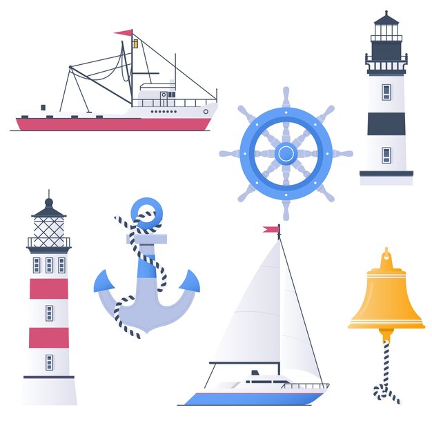 Lighthouses and marine attributes vector set