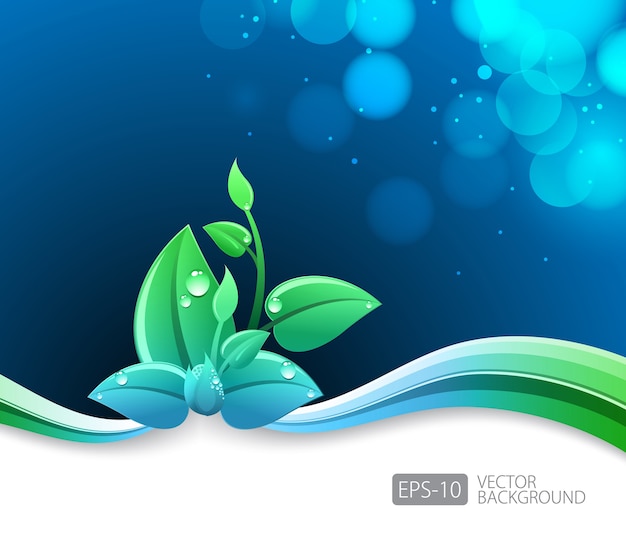 Lighting blue background with eco leaves and green wave