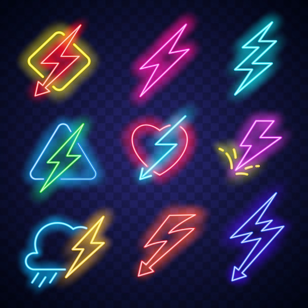 Lighting bolt logo with electric energy neon light