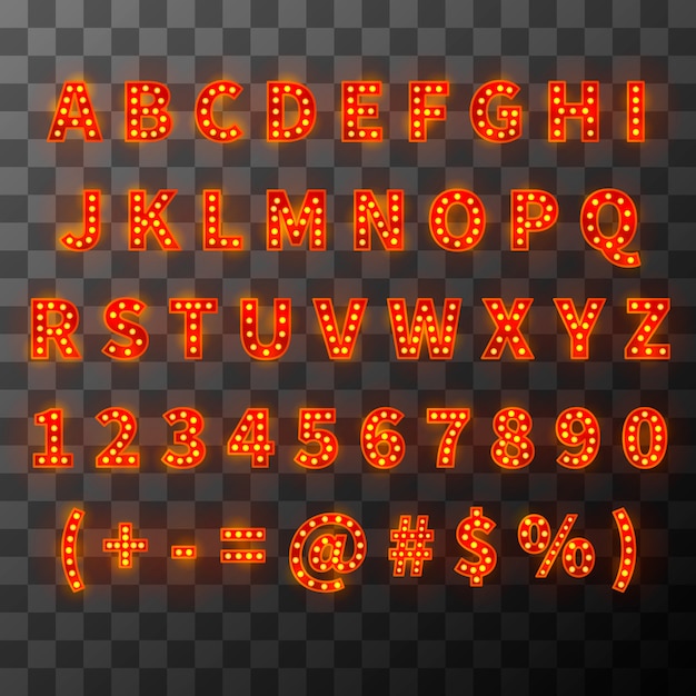 Vector lighting bulb font, bright alphabet in cabaret style