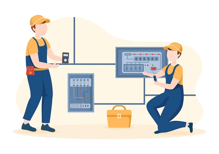 Vector lighting and electricity energy maintenance service of technician electrical work on illustration