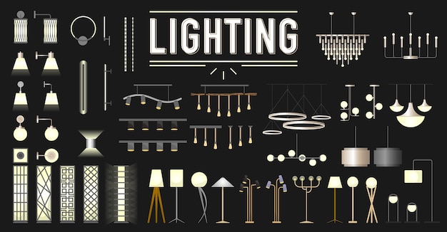 ベクトル 平面図や立面図などの建築図面用の照明ランプ ベクター セット
