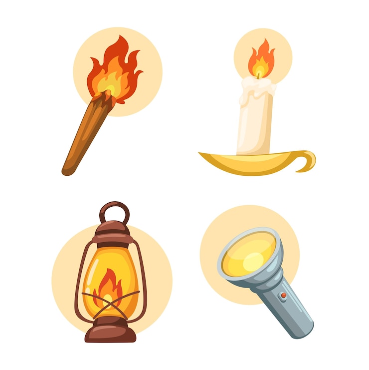 Vector lighting tools evolution object collection set cartoon illustration vector