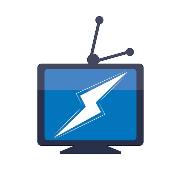 レトロなテレビ セット電源テレビ ロゴ アイコン デザインの稲妻または電気アイコン