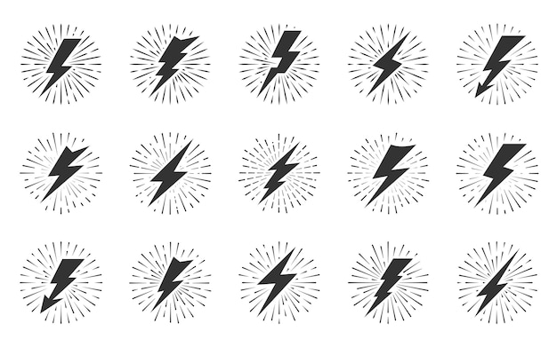 Vettore blitz di fulmine con effetto sunburst thunderbolt con raggi solari cerchio d'epoca simbolo di energia di potere pericolo colpo di tuono raggi radiali di tramonto e scossa di tuono freccia a zigzag esplosione di fuochi d'artificio